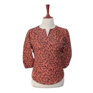 Womens Silky Blouse Floral Orange Purple 3/4 Sleeve V-Neck Casual Boho Top Large